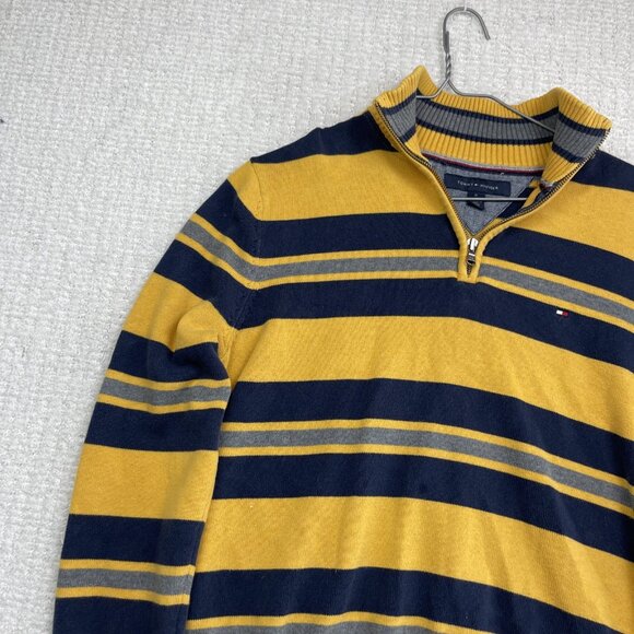 TOMMY HILFIGER Mens Patterned Jumper Yellow Striped 1/4 Zip Tight Knit M. Read - Picture 3 of 12